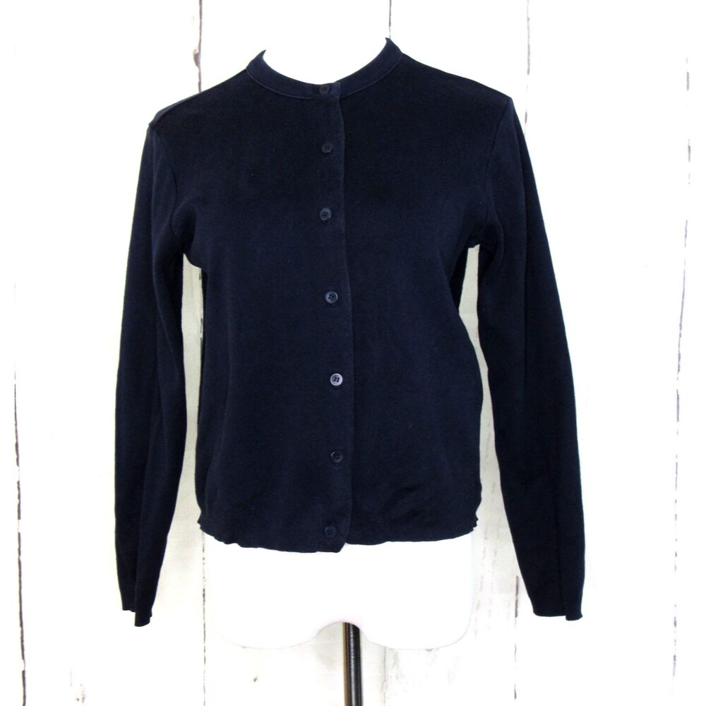 Eileen Fisher Button Up Cardigan Sweater Long Sleeve Navy Blue Cotton Size Small